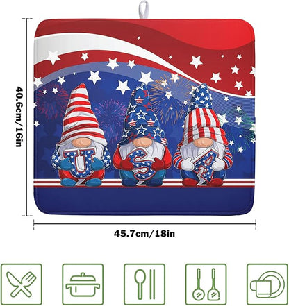 Kawani 4th of July Dish Drying Mat 16x18 Inch Spring Summer Patrioti Gnome Memorial Kitchen Mats Independece Day Absorbent Dishes Pad for Kitchen Counter Usa Stars Drying Mat Home Decor Countertops