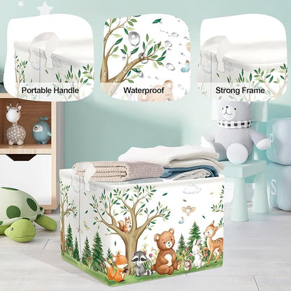 Forest Animals Laundry Hamper Woodland Tree Large Storage Basket Parents Organizer Kids Clothes Toy Bins for Bedroom, Bathroom, Bear, 36L