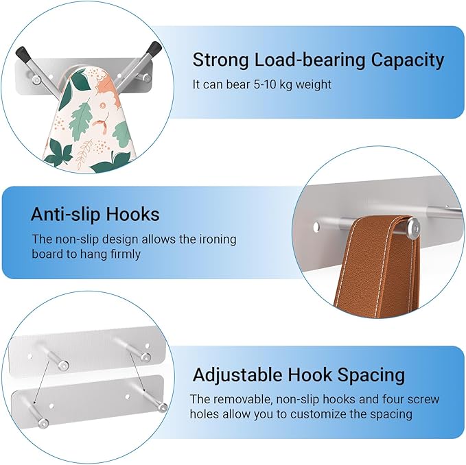 Ironing Board Holder, Ironing Board Hanger Wall Mount for Y or T Shaped, Laundry Rooms Stainless Steel Iron Board Hook with Adjustable Hooks