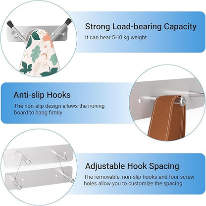 Ironing Board Holder, Ironing Board Hanger Wall Mount for Y or T Shaped, Laundry Rooms Stainless Steel Iron Board Hook with Adjustable Hooks