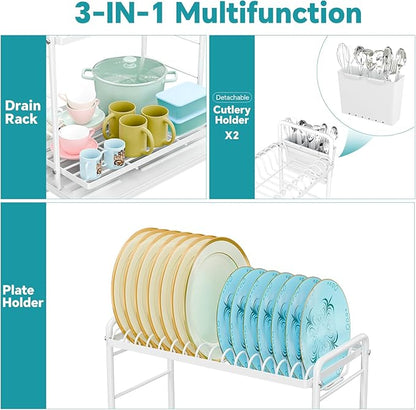Simple Trending Dish Drying Rack, 2-Tier Dish Rack for Kitchen Counter, Large Dish Drainers Sink Organizers and Storage, White