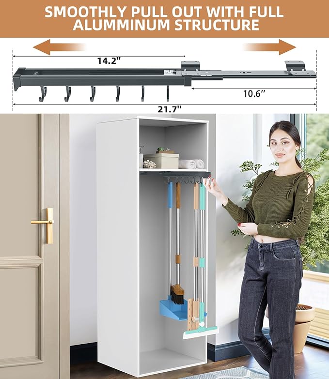 Pull Out Broom Holder, Multifunctional Slide Broom And Mop Storage/Organizer With Adjustable Double Row Sliding Hook, Garage Organization Hooks, for Closet Laundry - grey - 36cm/14.17inch