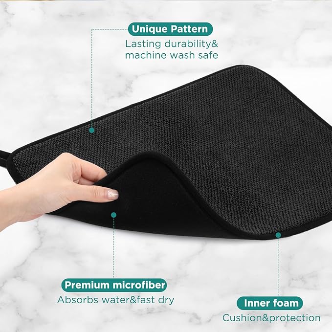 GeeRic Microfiber Dish Drying Mat, Super Absorbent Kitchen Dish Drying Pad, Reversible for Countertop, 12*16 inch Black