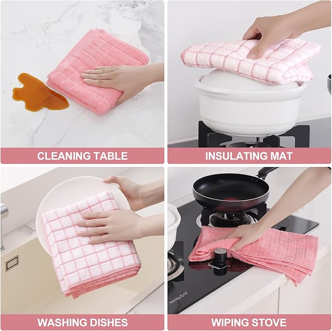Homaxy Premium Cotton Kitchen Towels 16"x 28", Large Natural Ring Spun 390 GSM Dish Towels, Super Absorbent Terry Kitchen Hand Towels, Soft Tea Towels with Hanging Loop, Pink Check Design, 8 Pack
