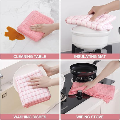 Homaxy Premium Cotton Kitchen Towels 16"x 28", Large Natural Ring Spun 390 GSM Dish Towels, Super Absorbent Terry Kitchen Hand Towels, Soft Tea Towels with Hanging Loop, Pink Check Design, 8 Pack