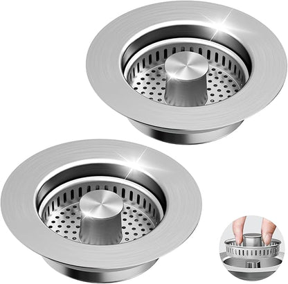 3 in 1 Kitchen Sink Drain Strainer & Sink Stopper, 304 Stainless Steel Pop Up Sink Drain Stopper with Anti-Clogging Basket for US Standard (Silver - 2 Pack)