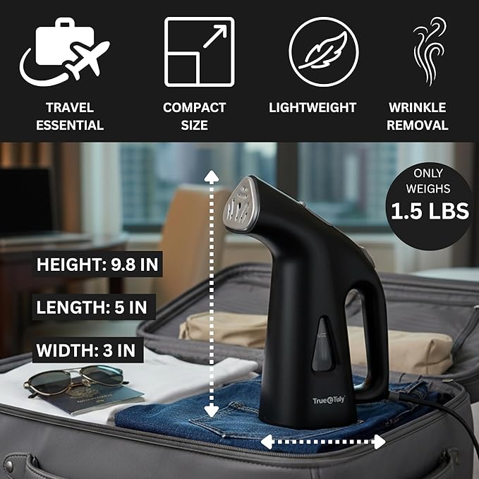 True & Tidy Compact Handheld Garment Steamer for Clothes, Travel Steamer with Stainless Steel Nozzle, 800 watts, Black
