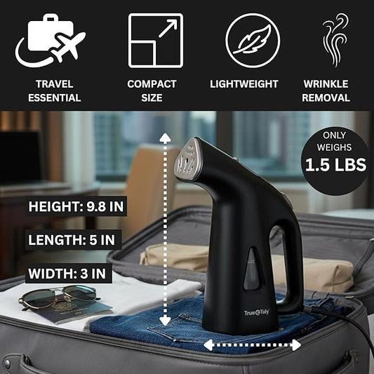 True & Tidy Compact Handheld Garment Steamer for Clothes, Travel Steamer with Stainless Steel Nozzle, 800 watts, Black