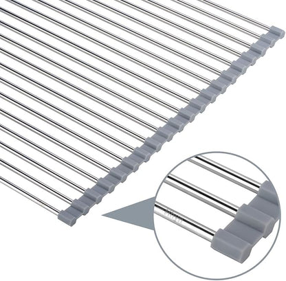 Hhyn Roll Up Dish Drying Rack Over The Sink 17.7"(L) x 15.6"(W), Multipurpose Foldable Stainless Steel Kitchen Rollable Drainer Rack, Gray