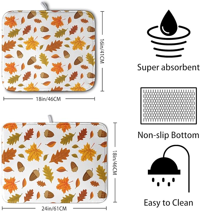 Fall Leaves Dish Drainer Mat - Absorbent Drying Mat for Counter - 18x24 Inch, Orange Maple Leaf Pattern