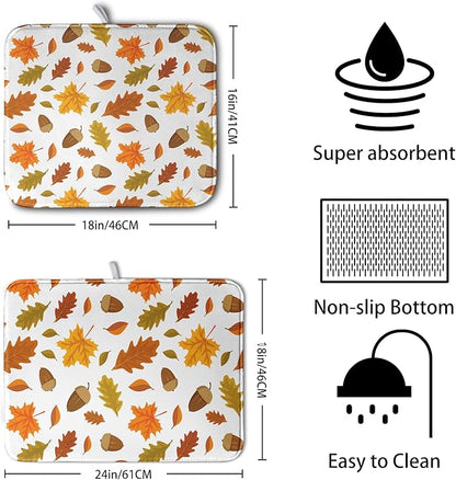 Fall Leaves Dish Drainer Mat - Absorbent Drying Mat for Counter - 18x24 Inch, Orange Maple Leaf Pattern