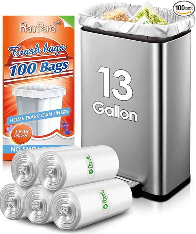 13 Gallon 100 Counts (fit 12-15 Gal) Strong Tall Kitchen Trash Bags Garbage Bags by RayPard, fit 50 Liter Waste Basket, Clear Trash Bags Can Liners for Home Office Bathroom Bedroom