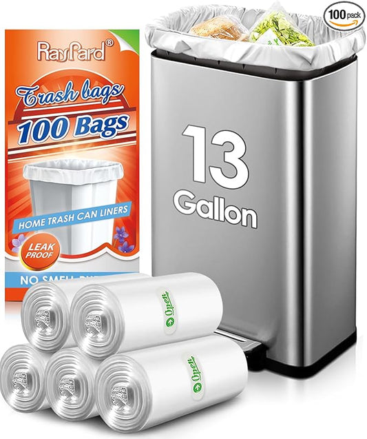 13 Gallon 100 Counts (fit 12-15 Gal) Strong Tall Kitchen Trash Bags Garbage Bags by RayPard, fit 50 Liter Waste Basket, Clear Trash Bags Can Liners for Home Office Bathroom Bedroom