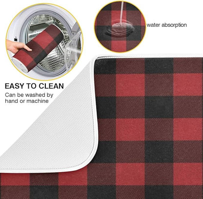 Red and Black Buffalo Plaid Dish Drying Mat 16x18 for Kitchen Merry Christmas Winter Xmas Dishes Pad Dish Drainer Rack Mats Absorbent Fast Dry Kitchen Accessories