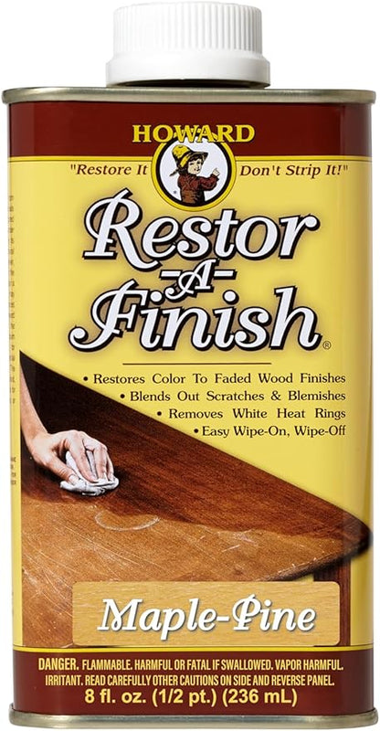 HOWARD - Restor-A-Finish: Restore Your Maple-Pine Wood Finishes Repair Scratches, Eliminate Stains, White Heat or Water Rings and More. Safe on Furniture, Trim, and All Finished Wood. Size: 8 Fl oz