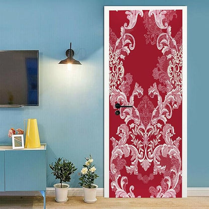 A.Monamour 3D Door Stickers for Interior Doors Damask Pattern of Flowers and Leaves in Red Color Vinyl Waterproof Self Adhesive Door Mural Decals for Bedroom Office Bathroom 77x200cm