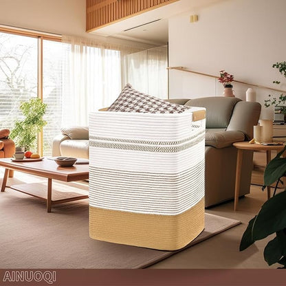 Laundry Hamper Large Laundry Basket with Leather Handles, Decorative Storage Cotton Rope Woven Basket for Blankets, Clothes Hamper for Living Room, Jute & White, 85L