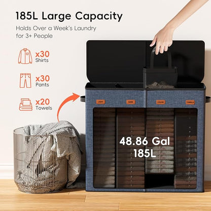 Laundry Hamper 4-Section with Lid, 185L Laundry Sorter with 4 Removable Bags + 1 Extra Large Bag, Switchable 3/4 Compartment, Laundry Basket Organizer for Bedroom, Laundry Room，Navy Bule