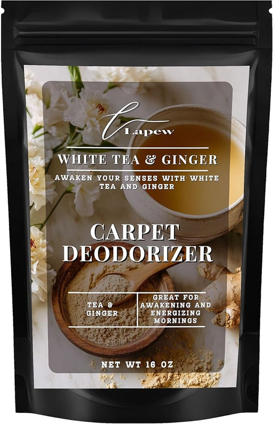 Lapew White Tea & Ginger Carpet Deodorizer Powder - Pet Safe Freshener for Vacuuming | Scented Odor Eliminator for Home | 16 oz