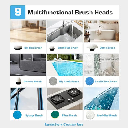 Kingwell Electric Spin Scrubber, Cordless Electric Scrubber for Cleaning with 9 Brush Heads, 2 Speeds,3 Adjustable Handle, 90Mins Work Time, Shower Scrubber for Bathroom, Tub, Floor,White