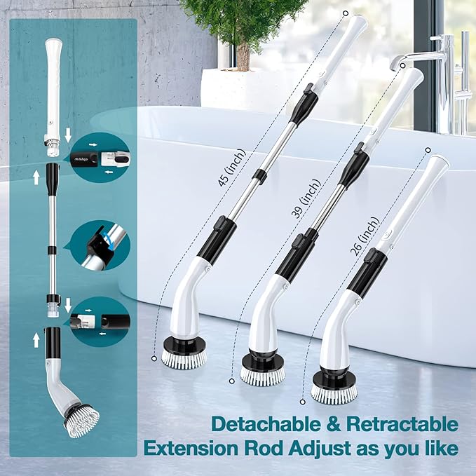 Electric Spin Scrubber LA1 Pro,with 4 Replaceable Brush Heads,Cordless Spin Scrubber and Adjustable Size Extension Handle Power Full Cleaning Brush for Bathroom Floor