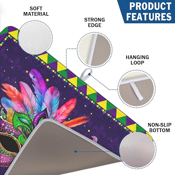 Mardi Gras Dish Drying Mat for Kitchen Counter Masquerade Mask Feather Drying Mats Absorbent Reversible Microfiber Washable Draining Pad Washable Dry Mat 18x24 Inch