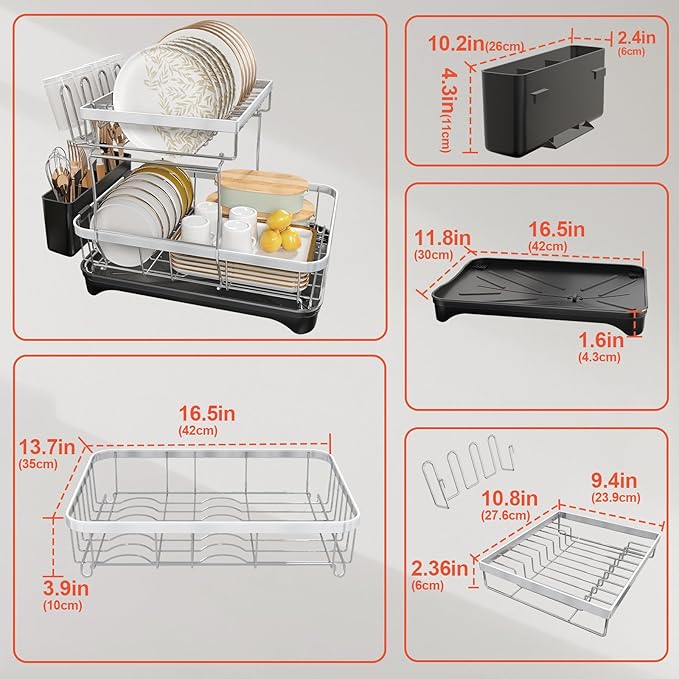 2-Tier Dish Drying Rack for Kitchen Counter, 304 Stainless Steel with Adjustable Drainboard, Removable Utensil Holder & Water Filter Tray, Black