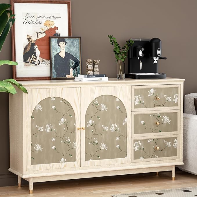 Laatse Floral Wallpaper Peel and Stick 17.5" x 393" Khaki Floral Contact Paper Vintage Self Adhesive Wallpaper Vinyl Waterproof Wall Paper for Bedroom Walls Cabinet Countertop Decor