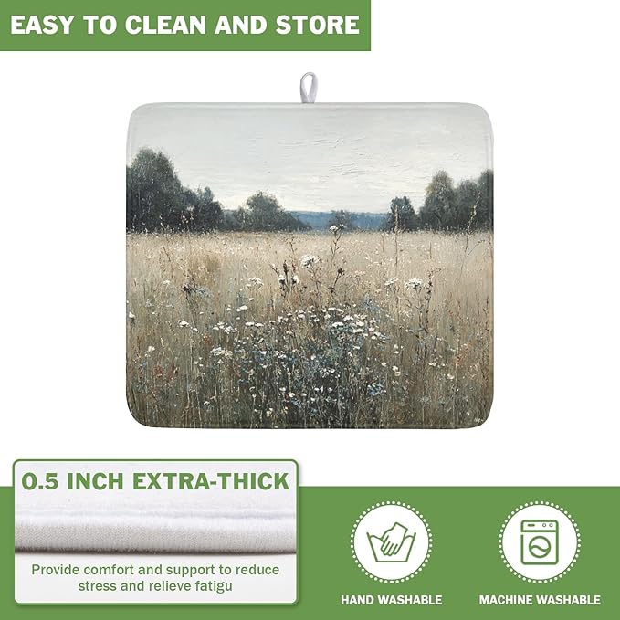 Oil Painting Drying Mat 18x16 Inch, Wildflowers Drying Mat with Absorbent Reversible Microfiber, Countryside Aesthetic Dish Drainer Mats Summer Rack Pad for Coffee Countertop Kitchen Protector