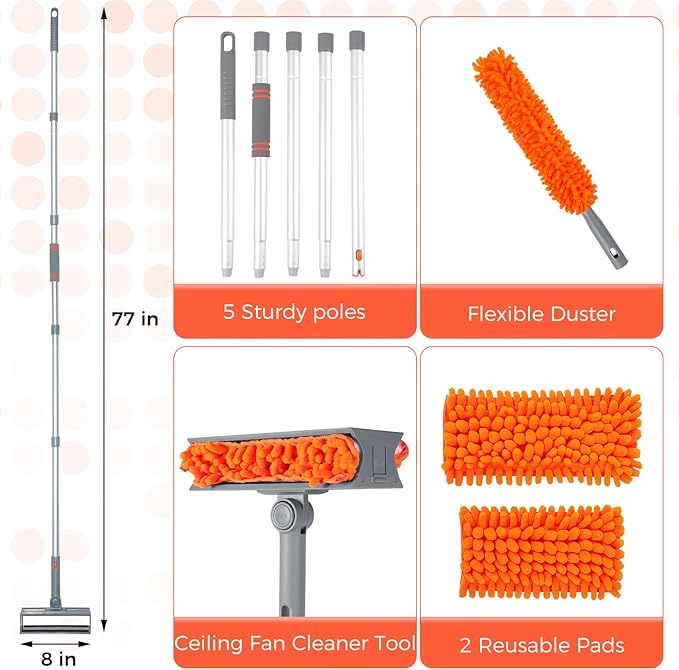 wlich Ceiling Fan Cleaner Kit with 77" Extension Pole, Reusable Chenille Brush for Fan Blades (Up to 8in), Cobwebs, Walls, and Furniture (Orange)