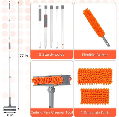 wlich Ceiling Fan Cleaner Kit with 77" Extension Pole, Reusable Chenille Brush for Fan Blades (Up to 8in), Cobwebs, Walls, and Furniture (Orange)