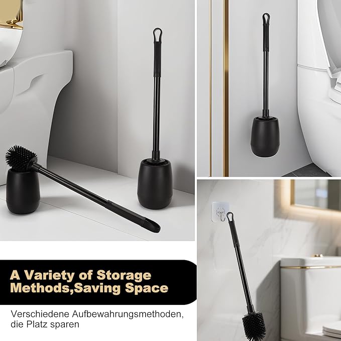 Silicone Toilet Bowl Brush and Holder 2 Pack Long Handle Toilet Brush for Bathroom Flexible Silicone Toilet Brush Set for Domestic Deep Cleaning Under Rims （Black）