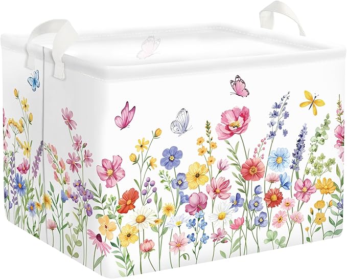 Colourful Flowers Laundry Hamper Large Storage Basket Floral Collapsible Adult Organizer Kids Clothes Toys Bins for Bedroom, Bathroom, Pinkish Purple, 36L