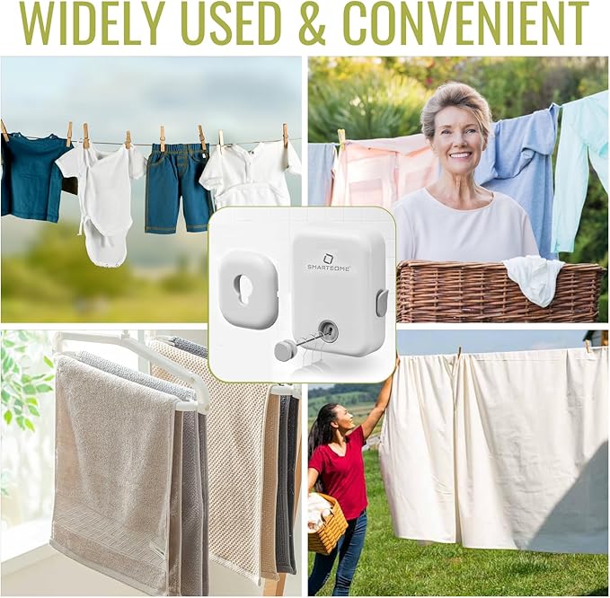 SmartSome Wall Mounted Retractable Clothesline – Heavy-Duty Indoor & Outdoor Drying Rack – RV Must-Have Air Drying Solution – Compact Space Saving Laundry Line