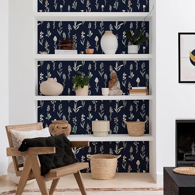 Wudnaye Dark Blue Peel and Stick Wallpaper Dark Floral Contact Paper 16.9in×118.1in Self Adhesive Flower and Leaf Contact Paper Blue Wallpaper White Vintage Removable Waterproof for Bathroom Room Wall