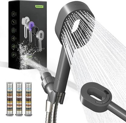 Hibbent Filtered Showerhead with handheld, High Pressure 5 Sprays Shower Head, Anti-clog Nozzles, Brass Holder & 71" Metal Hose, 3 Water Softener Filter Remove Chlorine, Reduce Dry Itchy Skin, Gray