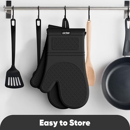 Silicone Oven Mitts, Heat Resistant Oven Gloves with Quilted Liner, Waterproof & Non-Slip Kitchen Mittens for Baking Cooking BBQ, 500°F, 12.5"-Black