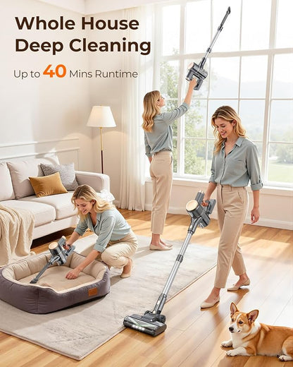 N8 Cordless Vacuum Cleaner,Lightweight Stick Vacuum with Powerful Suction,2200mAh Battery,40 Mins Runtime,Self-Standing, Rechargeable Vacuum Cleaners for Home Hardwood Floor Carpet Pet Hair (Honey)