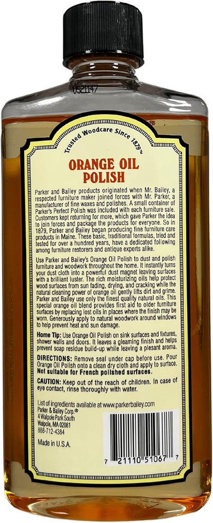 Parker & Bailey Orange Oil Polish, Natural Orange Scented Furniture Cleaner & Wood Table Cleaner, Cleans, Renews & Restores a Finish for Wood, Protects from Drying or Cracking, Shiny Finish, 16 oz