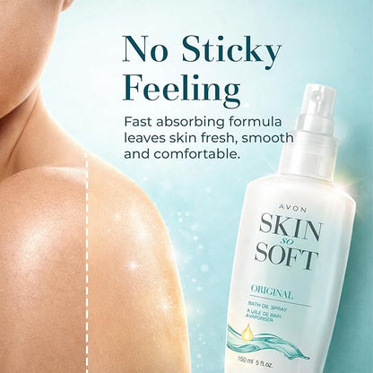 Avon Skin So Soft Original Bath Oil Spray - Moisturizing Shower Oil with Jojoba Oil & Vitamin E - Non-Greasy Formula for Dry Skin Care - After Shower Moisturizer for Women - Hydrating Spray, 5 fl oz