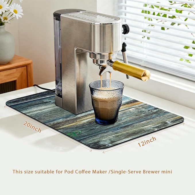 Coffee Mat 20x12 Inch, Wood Grain Counter Top Mat, Absorbent Hide Stain Rubber Backed Dish Drying Mat for Kitchen Counter, Bar Mats for Countertops, Under Coffee Bar Maker Machine Pot Espresso Staion