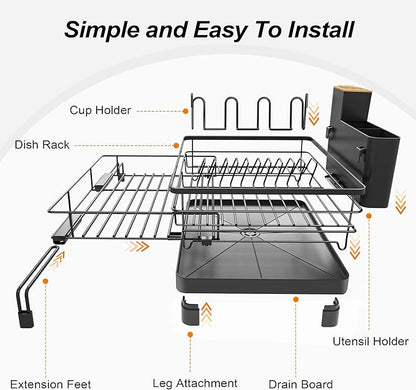 Runnatal Dish Drying Rack - Expandable Dish Rack, Large Drying Dish Drainer Over Sink with Drainboard, Utensil Holder & Cup Holder, Stainless Steel Dish Strainer for Kitchen Counter, Black