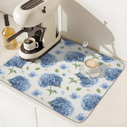 Spring Summer Hydrangea Dish Drying Mat for Kitchen Counter 16 x 18 Inch Blue Floral Dish Drainer Mat Absorbent Microfiber Dish Rack Pad for Holiday Coffee Dining Bar Decor