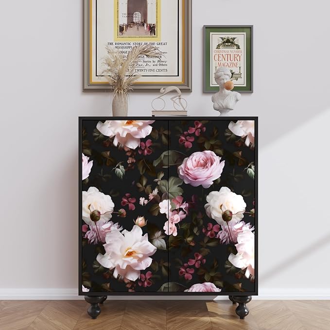 Fvlow Glowing Pink Floral Peel and Stick Wallpaper Vintage Black Wallpaper Vinyl Wrap Kitchen Worktop Covering Vinyl Self Adhesive Leaf Contact Paper for Cabinets Drawers Sticker Decor 17.4" x 118"