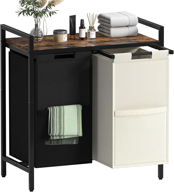 Double Compartment Laundry Basket, Laundry Sorter with Top Shelf, 2 Removable Washable Bags, Side Pockets, Black & White