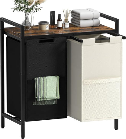 Double Compartment Laundry Basket, Laundry Sorter with Top Shelf, 2 Removable Washable Bags, Side Pockets, Black & White