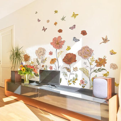 Large Boho Floral Butterfly Wall Stickers Vintage Flower Plants Decals Peel and Stick Decor for Living Room Dining Room Home Decor