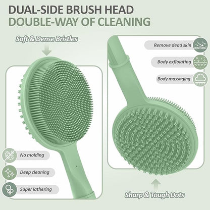 Silicone Back/Face Scrubber & Soft Bath Glove 3PCS, 16''- 24'' Extendable Shower Back Scrubber, 360° Anti-Slip & Hand-fit Silicone Body Scrubber, Manual Face Brush for All-round Cleaning(Green)