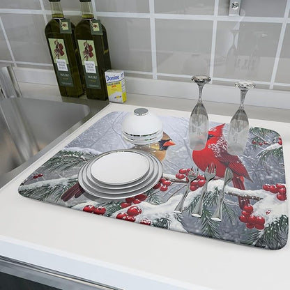 Winter Christmas Dish Drying Mat for Kitchen Counter 18 x 24 Inches Red Birds Absorbent Reversible Microfiber Mats for Berry Dish Rack Pad Drainer Mat for Coffee Bar Decor
