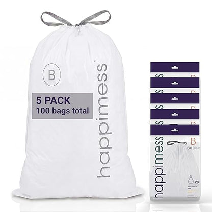 happimess 5.3 Gallon (20L) Drawstring Trash Bags, Unscented, White, Heavy Duty LDPE Liners for Kitchen and Household, Custom Fit 100 Count (5 Packs of 20 Liners) HPM3000B-W-5SET